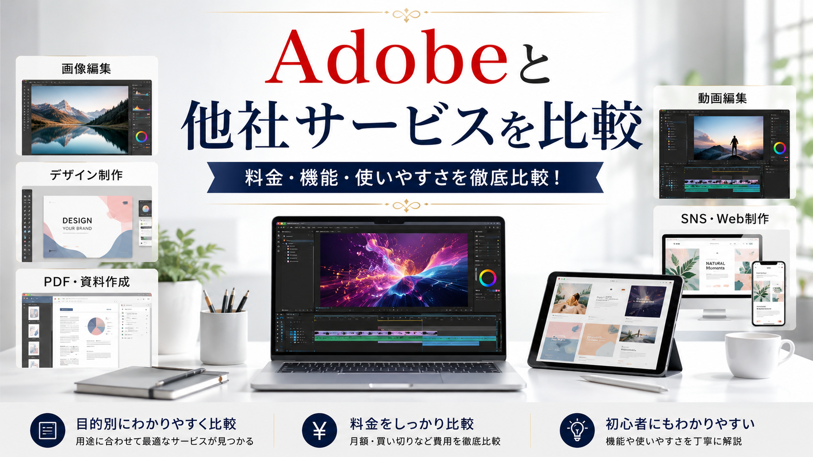 Adobeと他社サービスを比較|料金・機能・動画編集・画像編集の違いを解説