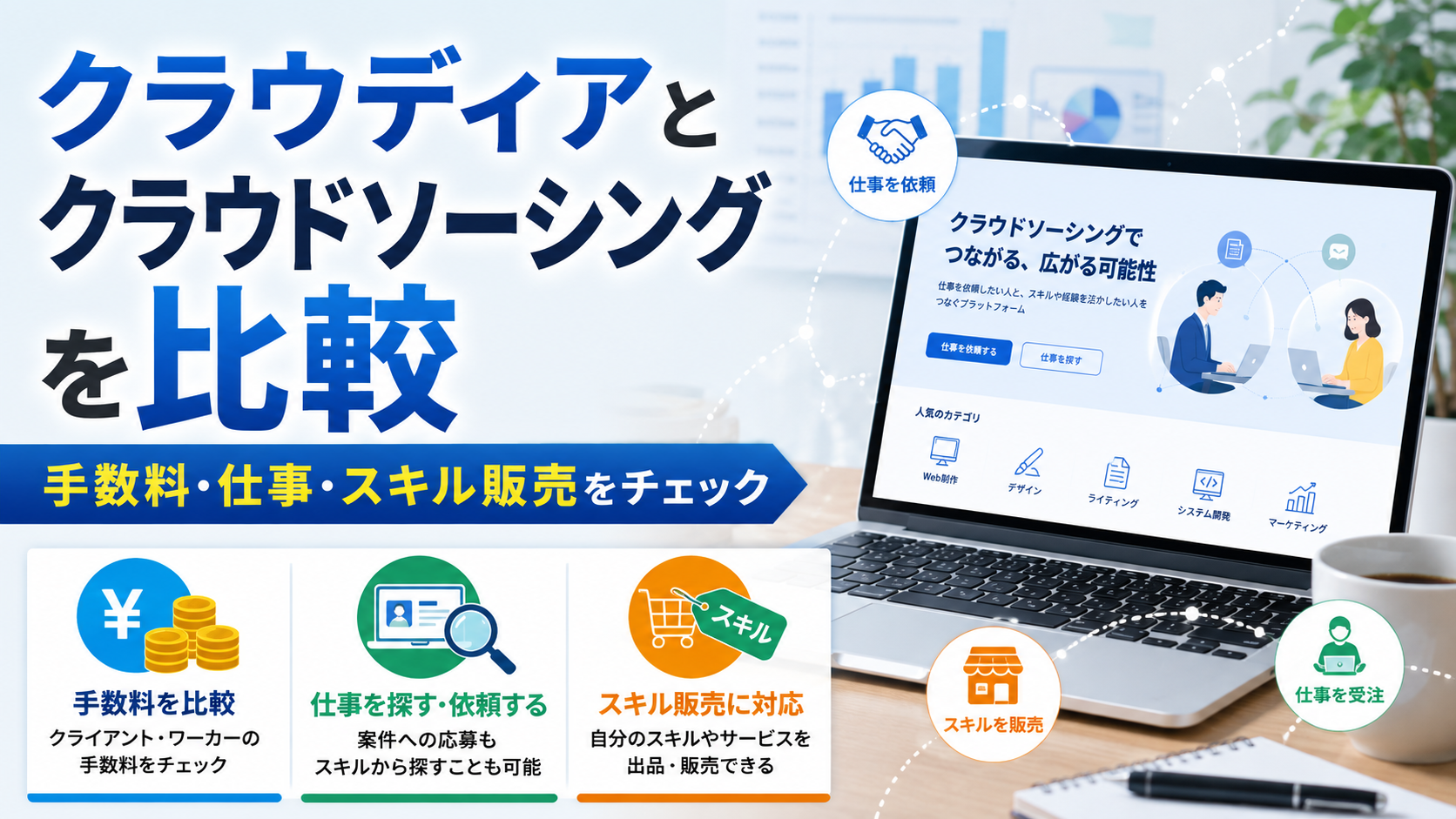 クラウディアとクラウドソーシングを比較|手数料・仕事・スキル販売をチェック